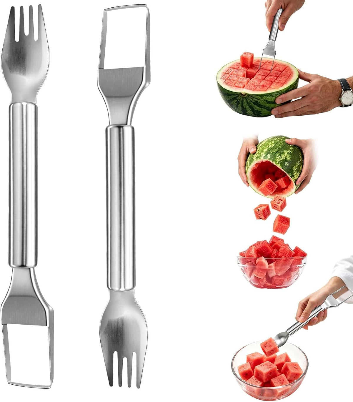 Watermelon Cutter Fork Slicer 2-in-1 Stainless Steel Fruit Cutter 2 Pack