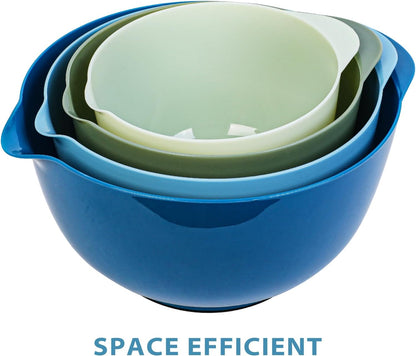 BoxedHome Nesting Plastic Mixing Bowl Set With Pour Spout, Microwave and Dishwasher Safe, BPA free Non-Slip Base, Set of 4 Size 1.7, 2.5, 3.5 and 4.5qt, Great for Prepping, Baking, Cooking (Dark Blue)