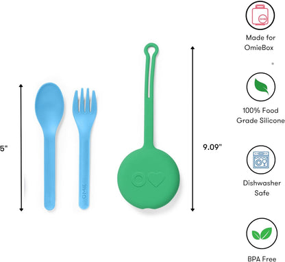 Omie OmieBox Kids Utensils Set with Case - 2 Piece Plastic, Reusable Fork and Spoon Silverware with Pod for Kids (Mint Green)