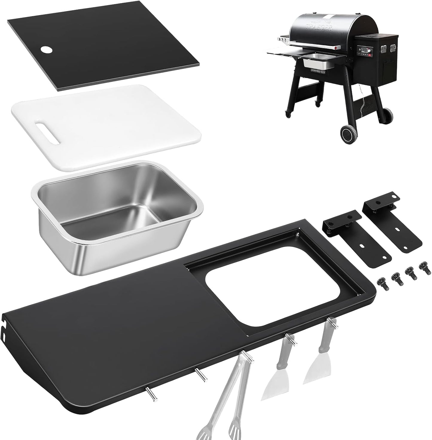 QuliMetal Folding Front Shelf for Traeger Pro 34, Texas Elite 34, Century 885 and Eastwood 34, 37" x 12" Heavy-Duty Grill Prep Table with Cutting Board, Stainless Steel Basin, Lid and 5 Hooks