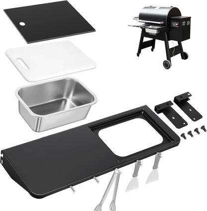 QuliMetal Folding Front Shelf for Traeger Pro 34, Texas Elite 34, Century 885 and Eastwood 34, 37" x 12" Heavy-Duty Grill Prep Table with Cutting Board, Stainless Steel Basin, Lid and 5 Hooks