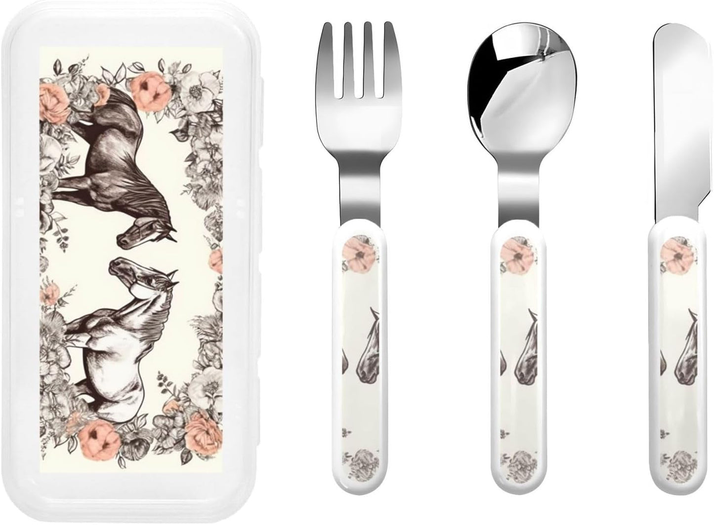 Stainless Steel Kids Silverware Set, Flowers And Horses Hand Drawn Utensil Set Reusable Children Safe Knife Spoon Fork Set With Storage Case Dishwasher Safe For Lunch, Travel Outdoors