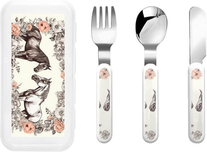 Stainless Steel Kids Silverware Set, Flowers And Horses Hand Drawn Utensil Set Reusable Children Safe Knife Spoon Fork Set With Storage Case Dishwasher Safe For Lunch, Travel Outdoors