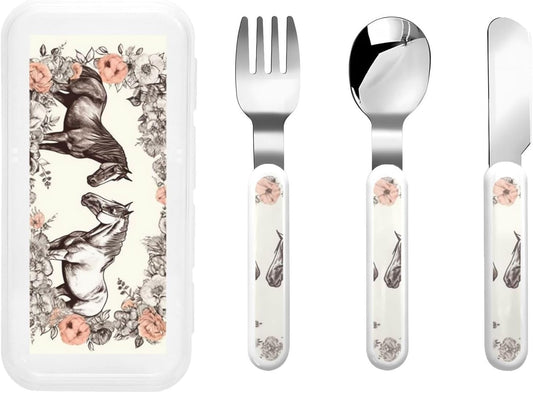 Stainless Steel Kids Silverware Set, Flowers And Horses Hand Drawn Utensil Set Reusable Children Safe Knife Spoon Fork Set With Storage Case Dishwasher Safe For Lunch, Travel Outdoors