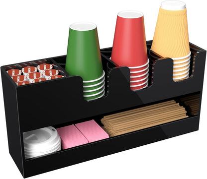 Coffee Condiment and Cup Organizer - 2-Tier Upright Cup and Lid Holder with Straw Organizer 2 Compartments Clear Acrylic Cup Dispenser for Restaurant Breakroom Coffee Station Countertop