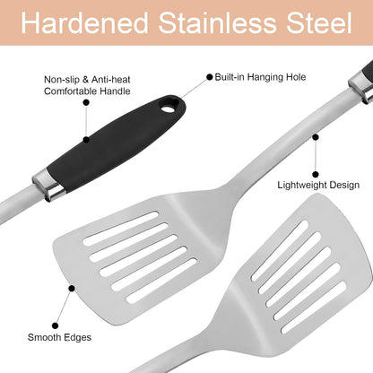 Stainless Steel Slotted Turner Spatula, Thin Edge Turner, Silver | Thin-edge Metal Spatula for Cast Iron and Stainless Steel Pans; Flips Eggs, Pancakes Burgers; Dishwasher Safe