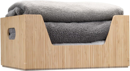 Bamboo Storage Box with Open Front Stackable Bin Organizer to use in kitchen pantries, cabinets and countertops, 14 x 11 x 6.5 inches