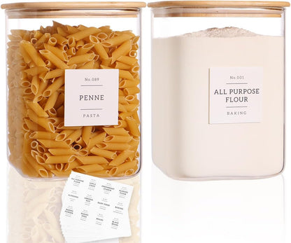 CZZGSM 2 Pack Square Glass Flour and Sugar Containers with 132 Kitchen Pantry Labels - Thicken 149 FL OZ Large Glass Storage Jars with Airtight Bamboo Lid - Big Food Canisters for Rice, Pasta, Cookie