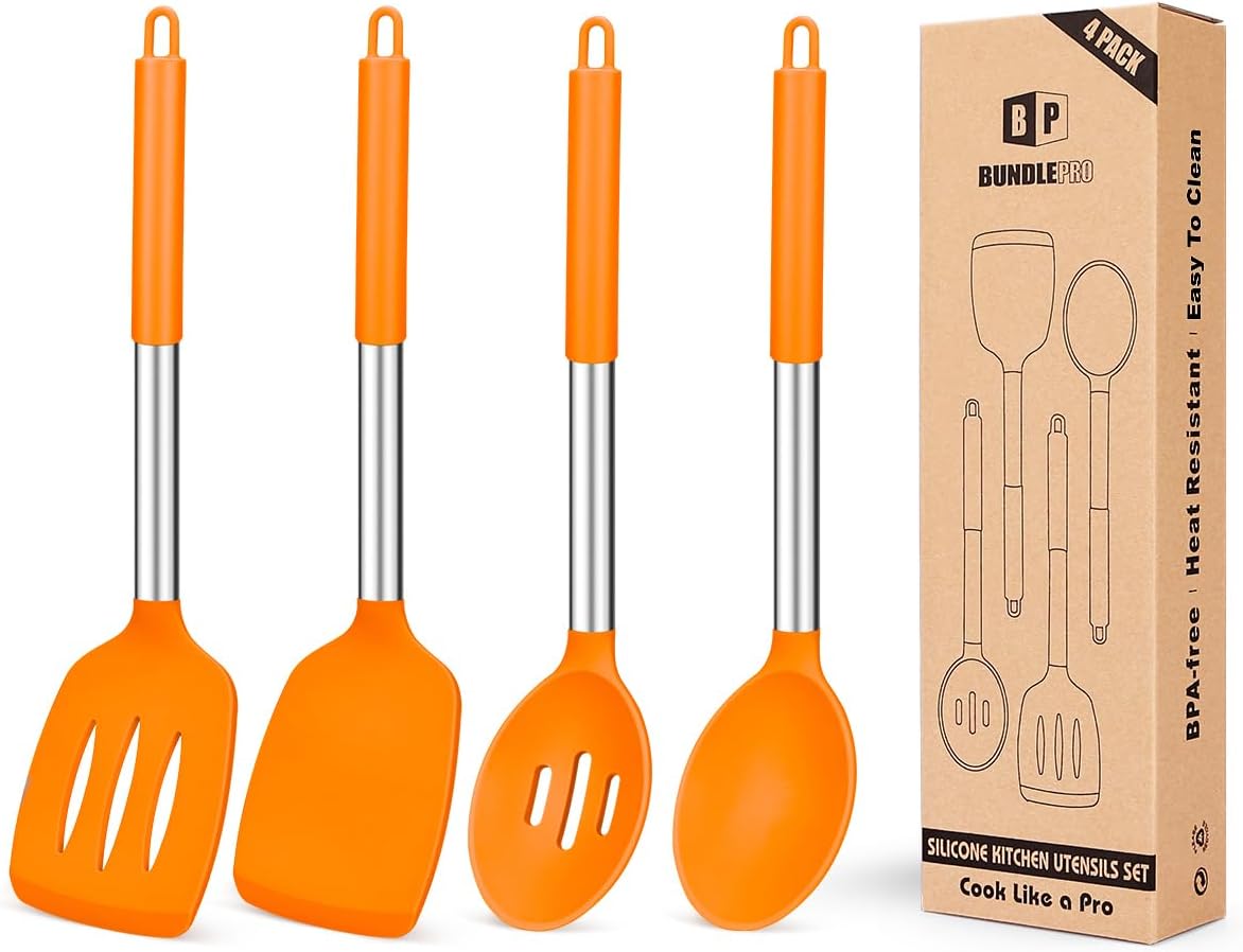 Pack of 4 Silicone Cooking Utensils Set, Non Stick Large Solid Spatulas, Heat Resistant Black Slotted Spoons, Ideal BPA Free Kitchen Turners for Frying, Mixing,Serving,Draining,Turning,Stirring