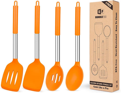 Pack of 4 Silicone Cooking Utensils Set, Non Stick Large Solid Spatulas, Heat Resistant Black Slotted Spoons, Ideal BPA Free Kitchen Turners for Frying, Mixing,Serving,Draining,Turning,Stirring