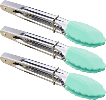 HINMAY Mini Stainless Steel Food Tongs with Silding Rings 7-Inch, Set of 6 | Small Clam Shell Service Tongs for Serving Appetizers, Desserts, Salads, Barbecue and Cooking (Silver)