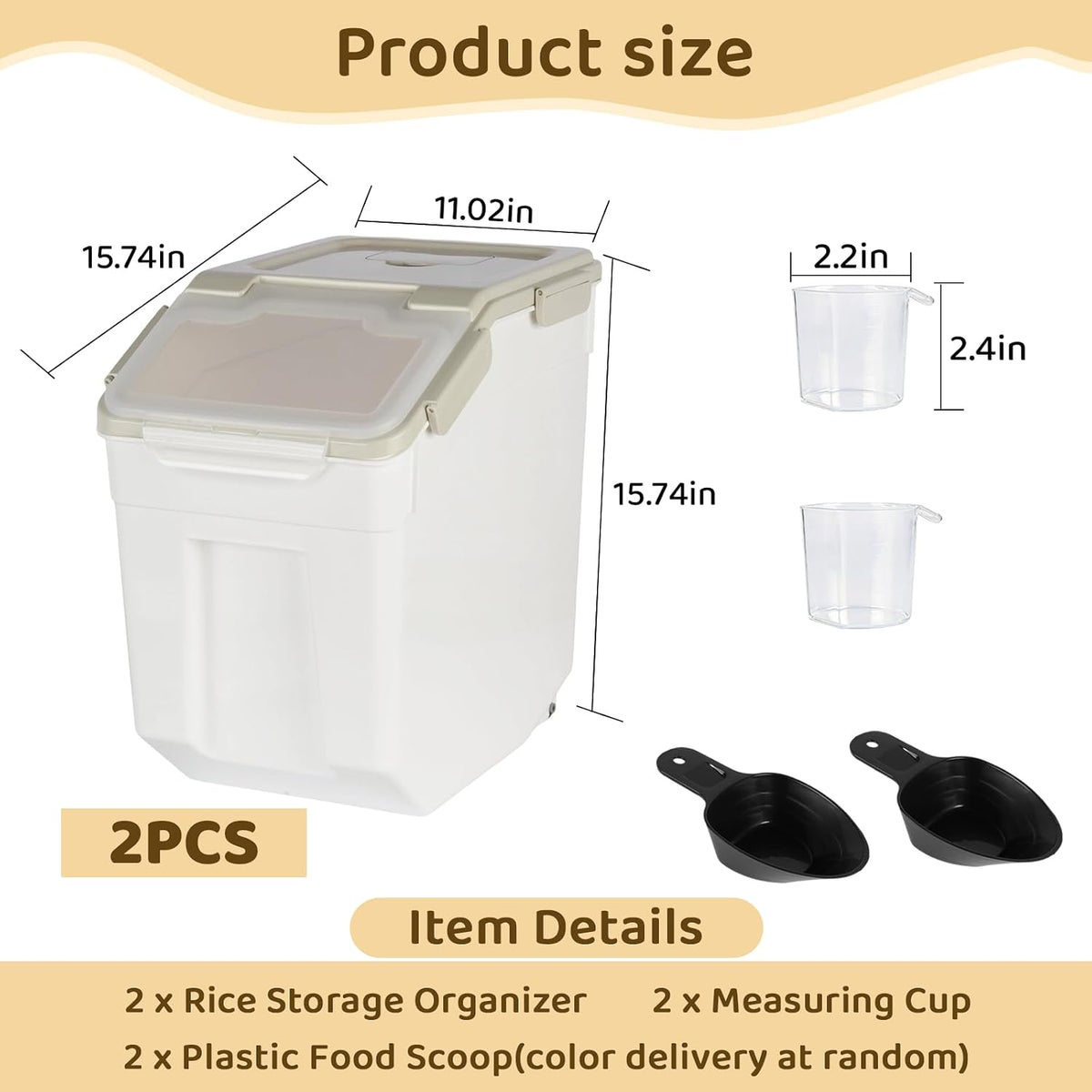 Rice Storage Container 25 lbs, Grey, 2 Pack | Airtight, with Wheels, Locking Lid, Measuring Cup Included, for Flour Sugar Grain Cereal