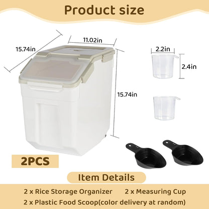 Rice Storage Container 25 lbs, Grey, 2 Pack | Airtight, with Wheels, Locking Lid, Measuring Cup Included, for Flour Sugar Grain Cereal