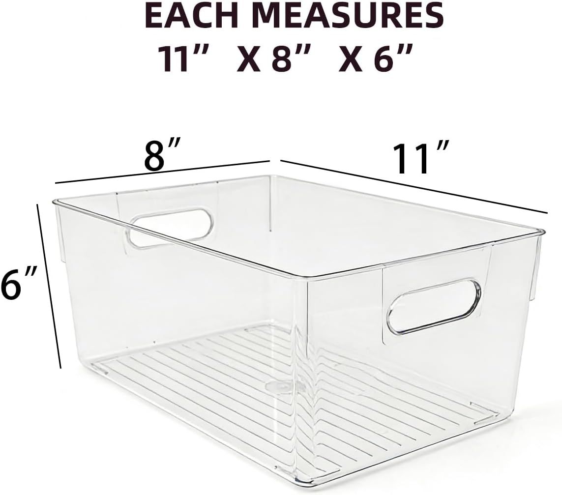 6 Pack Thick Clear Stackable Storage Bins, Cabinet Organizer, Plastiic Containers with Handle for Kitchens, Bathrooms and Fridge and Desktop