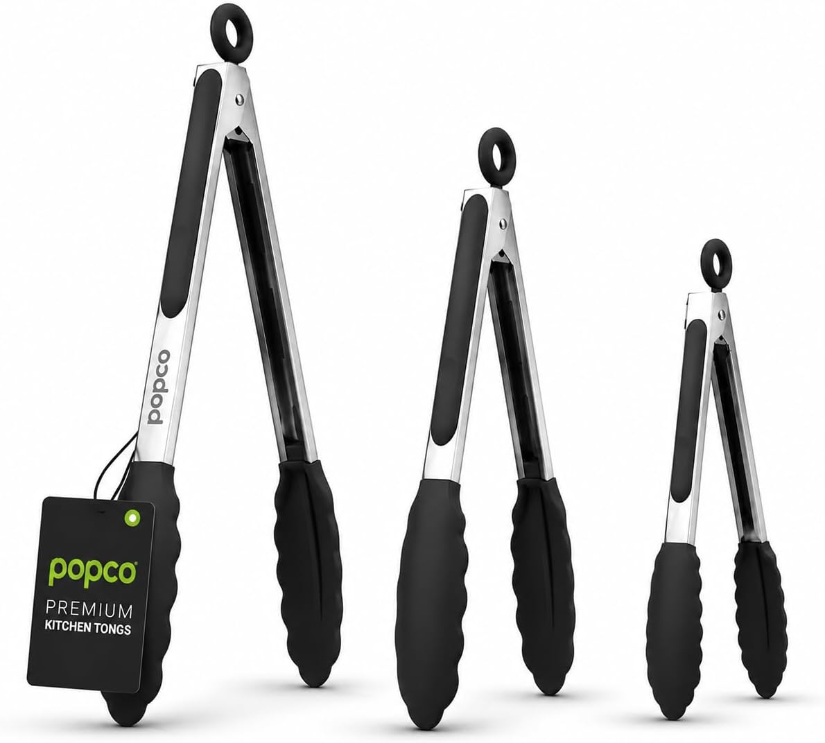 Popco 3 Piece Kitchen Tongs Set 7, 9, 12 Inch - Stainless Steel Nonstick Tongs with Silicone Tips - Heat Resistant and Dishwasher Safe for Cooking, Grilling, Salad, and Everyday Serving
