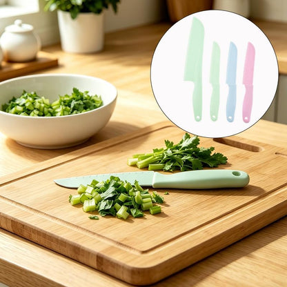 4 Pack Lettuce Knife Set 11/8.5 inch Plastic Serrated Kitchen Cutters to Prevent Browning, Dishwasher Safe, Safe for Nonstick Pans
