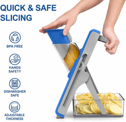 Eletronova Safe Mandoline Slicer for Kitchen, Vegetable Slicer with Container, French Fry Cutter, All in 1 Julienne Slicer for Potato, Thickness Adjustable, Detachable Blade (Gray)