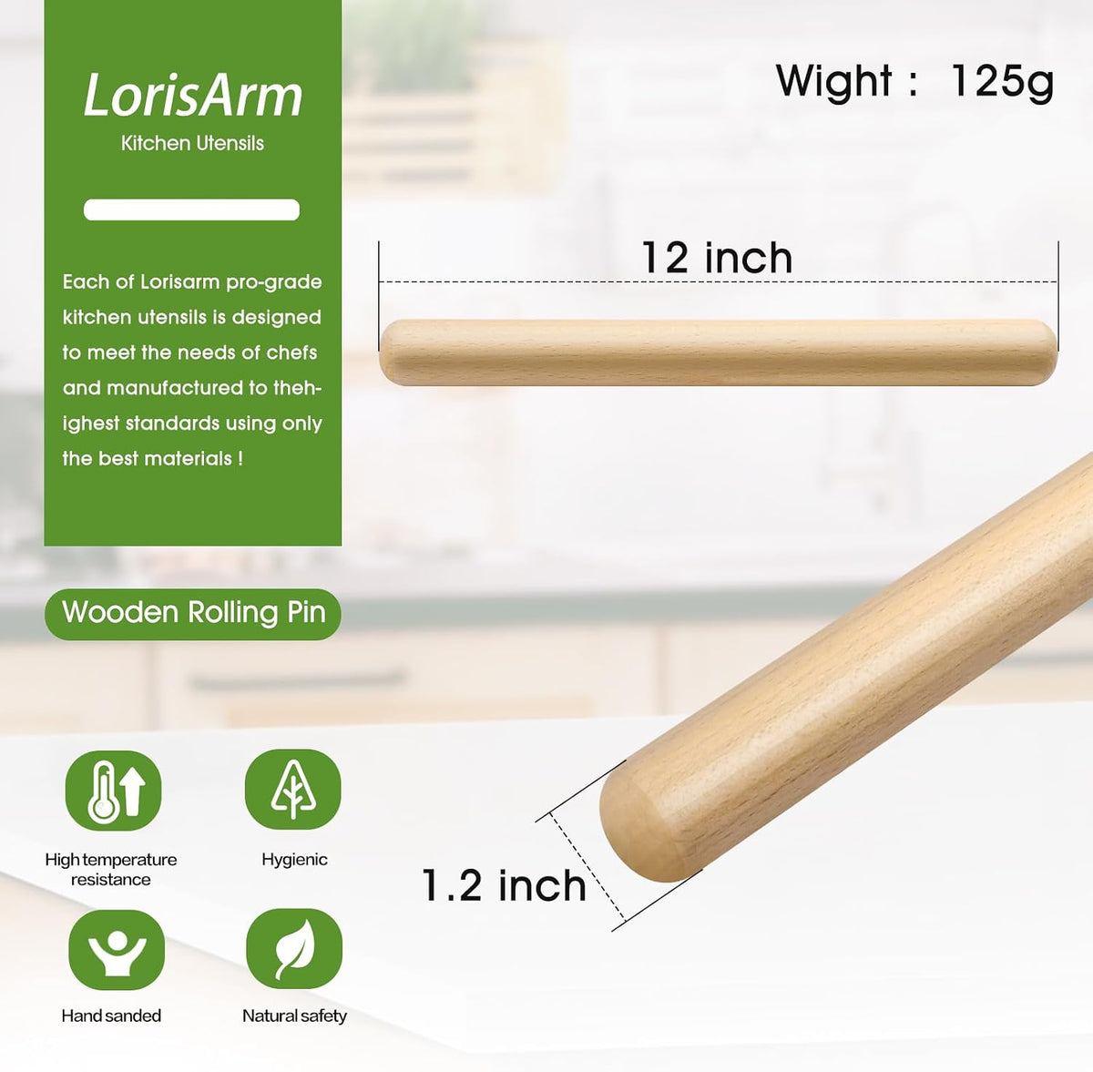 LorisArm 11.5-inch Wooden Rolling Pin for Baking, Natural Wood Dough Roller