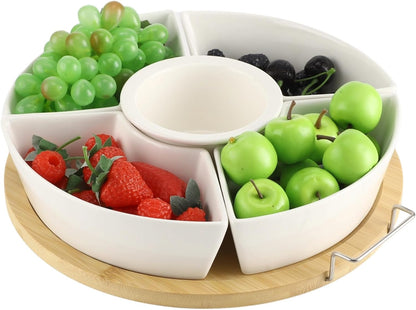 Taco Bar Serving Set for a Party, Veggie Tray Platter with Lid, Ceramic Lazy Susan Serving Tray with Divided Sections, Wooden Lids and Metal Handles, 360 Rotating Serving Set for Fruits Vegetable Dip