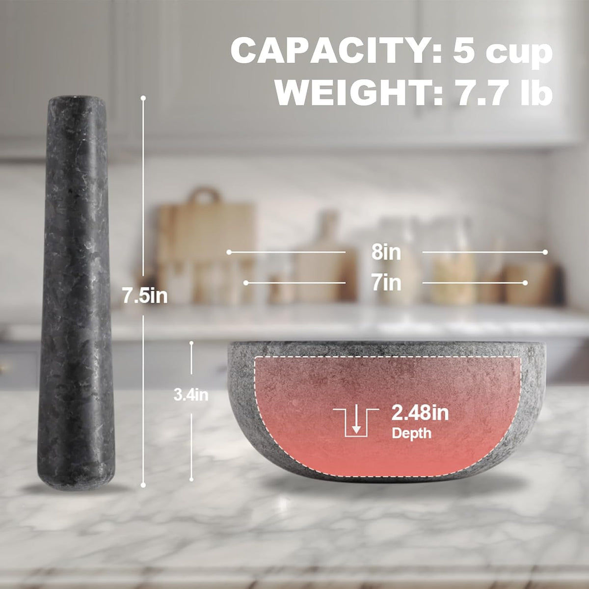 Koville Luxury Marble Mortar and Pestle Set, 7"-4cups Grinder Bowl for Guacamole, Salsa, Pill Crusher, Spice, Herb, Garlic, Nut, Heavy Duty Grinder for Kitchen