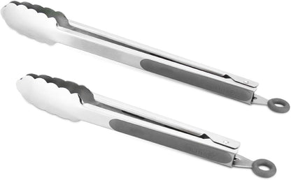 304 Stainless Steel Kitchen Cooking Tongs, 9" and 12" Set of 2 Sturdy Grilling Barbeque Brushed Locking Food Tongs with Ergonomic Grip, Black