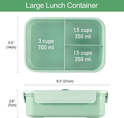 Caperci Classic Bento Box Adult Lunch Box for Older Kids - Leakpoof 47 oz 3-Compartment Lunch Containers for Adults and Teens, Built-in Utensil Set, Ideal for On-the-Go Balanced Eating,Khaki Green