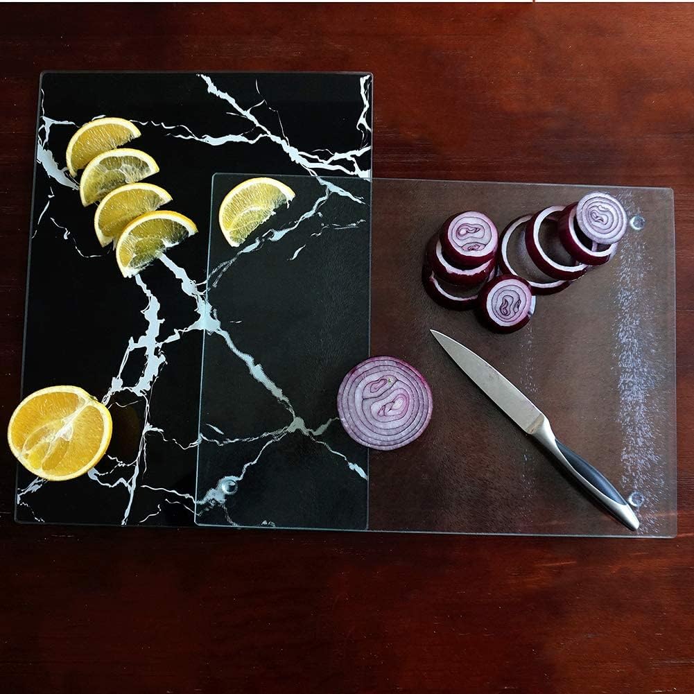 VASUHOME Tempered Glass Cutting Board Set of 2-16x12 inch Marble Pattern Cutting Board for Kitchen Counter - Scratch, Heat, Shatter Resistant and Easy to Clean- Black and Clear