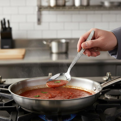 Chef Kunz Slotted Spoon | 9 Inch 18/10 Stainless Steel Silver Chef Cooking Spoons | Basting, Quenelle, Plating Spoon for Draining and Serving, Dishwasher Safe (Slotted)