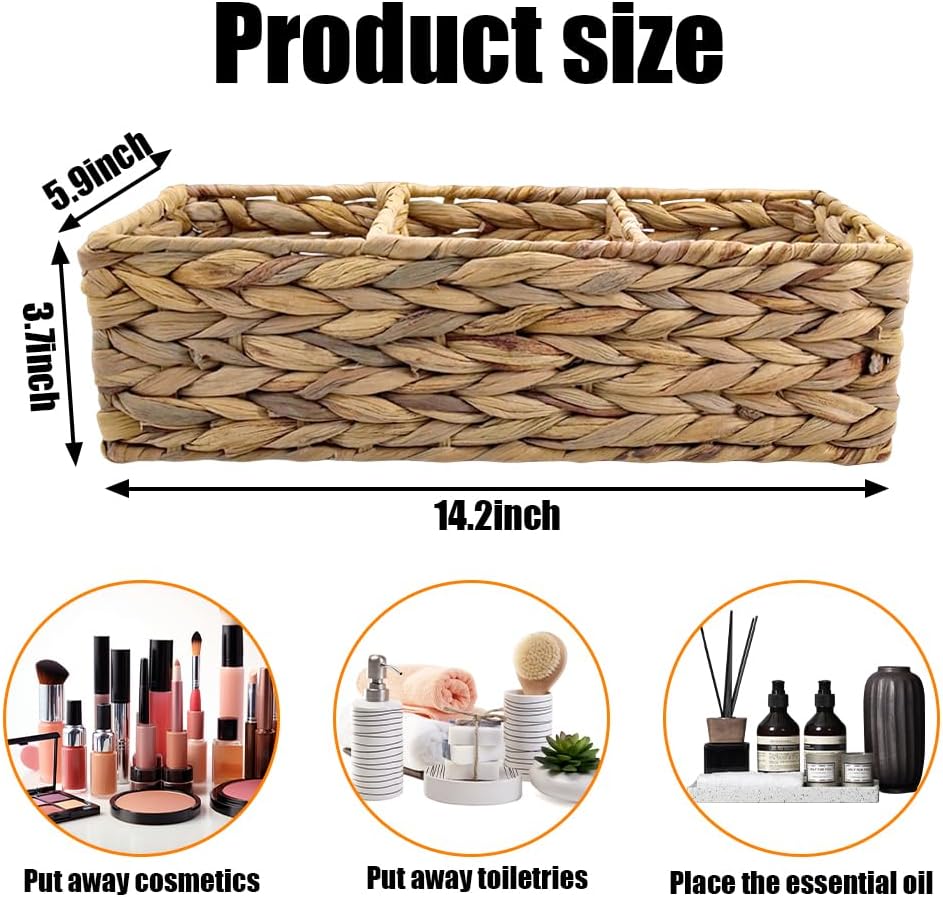 2 Pack 3-Section Woven Water Hyacinth Baskets - Handwoven Storage Bin, Rectangle Desk Organizer for Countertop, Toilet Tank Shelves, Coffee Bar & Pantry