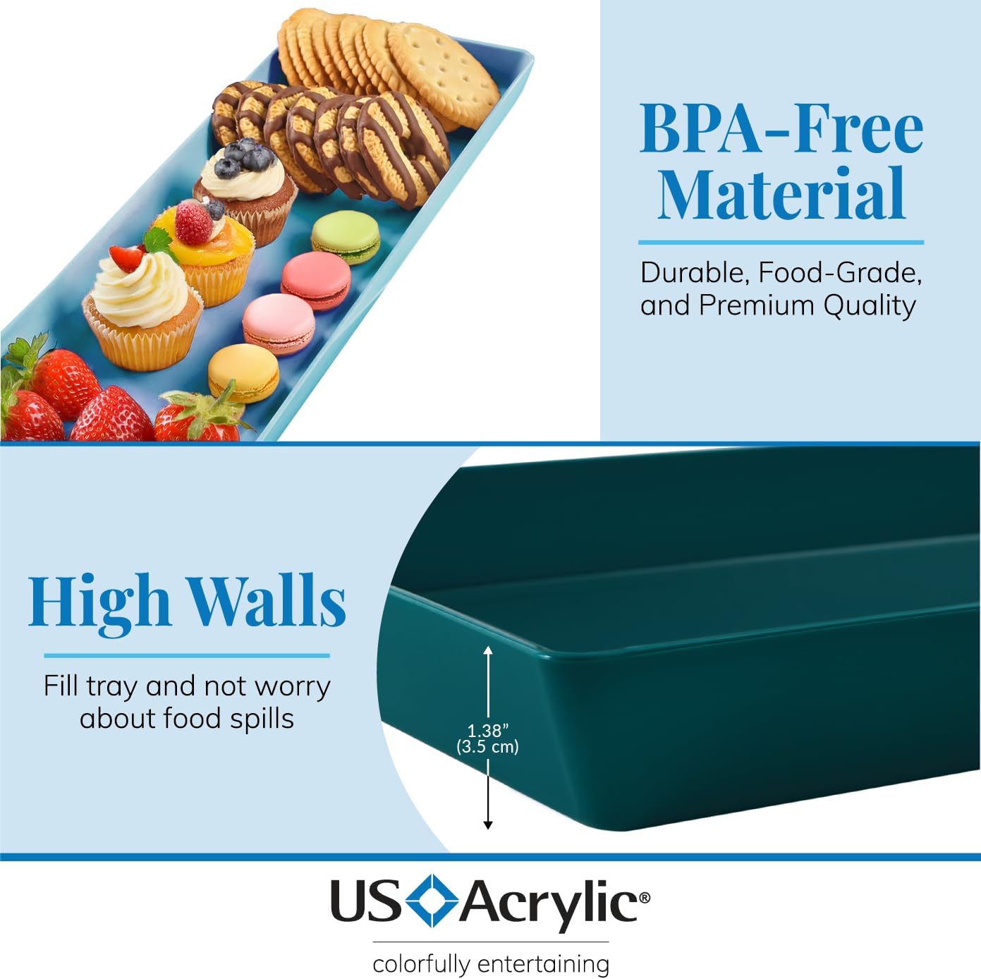 US Acrylic Coastal Plastic Serving Trays (Set of 4) 15” x 10” | Large Unbreakable Reusable Rectangular Party Platters | Serve Appetizers, Fruit, Veggies, & Desserts | BPA-Free & Made in USA