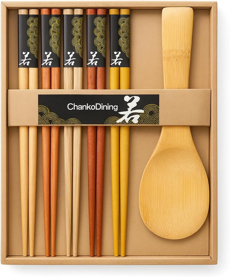 JapanBargain, Japanese Style Wooden Chopsticks and Bamboo Rice Paddle Gift Set, 5 Pairs Reusable Hardwood Chopsticks with 8" Rice Scoop in Gift Box, Dishwasher Safe