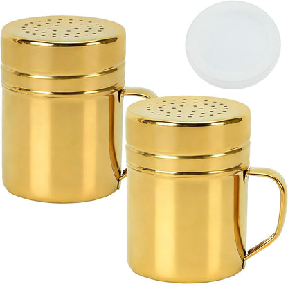 SmileCat 2pcs 10oz Stainless Steel Powder Pepper Sugar Shaker Duster,With Handle-Seasonings Spice Shakers With Large Holes and Lids.Medium Hole Will Work Great for Fine Salt,Flour,Cinnamon,Cheese.Gold