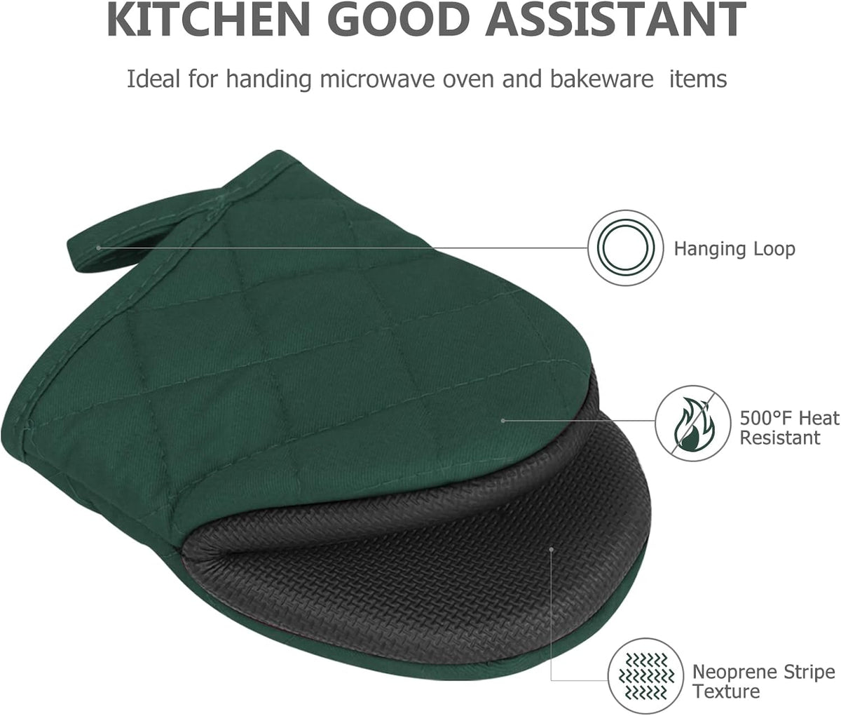 1 Pair Short Oven Mitts - Silicone Kitchen Oven Gloves High Heat Resistant 500℉, Mini Oven Mits with Non-Slip Grip Surfaces and Hanging Loop for BBQ, Baking, Cooking and Grilling (Black)