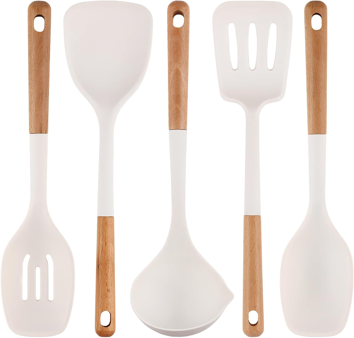 Kitchen Cooking Utensils Set, 6Pcs Silicone Kitchen Utensils Set Spatula Spoon Soup Ladle Turner, Heat Resistant Wooden Handle Silicone Cooking Gadgets for Nonstick Cookware & Baking BPA FREE