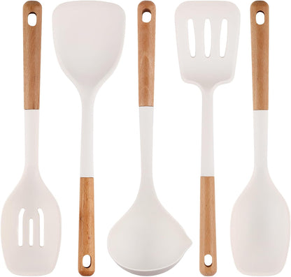 Kitchen Cooking Utensils Set, 6Pcs Silicone Kitchen Utensils Set Spatula Spoon Soup Ladle Turner, Heat Resistant Wooden Handle Silicone Cooking Gadgets for Nonstick Cookware & Baking BPA FREE