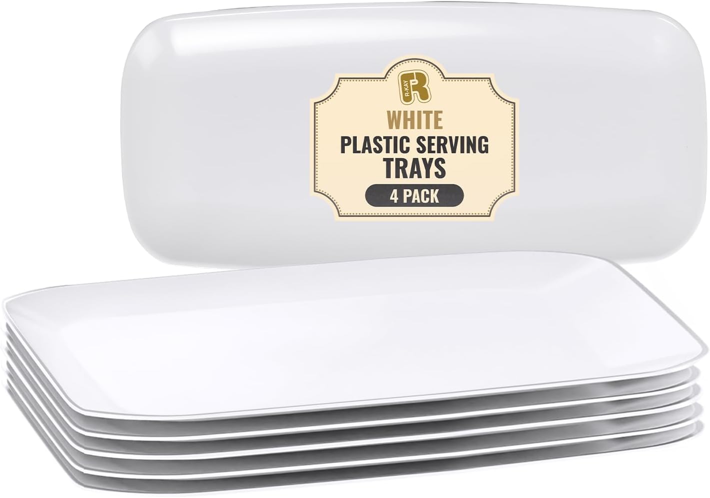 R-kay 4 Pack White Plastic Serving Trays for Party - White Serving Tray 17 by 6.5 in - Rectangular Heavy Duty Dessert Trays for Food