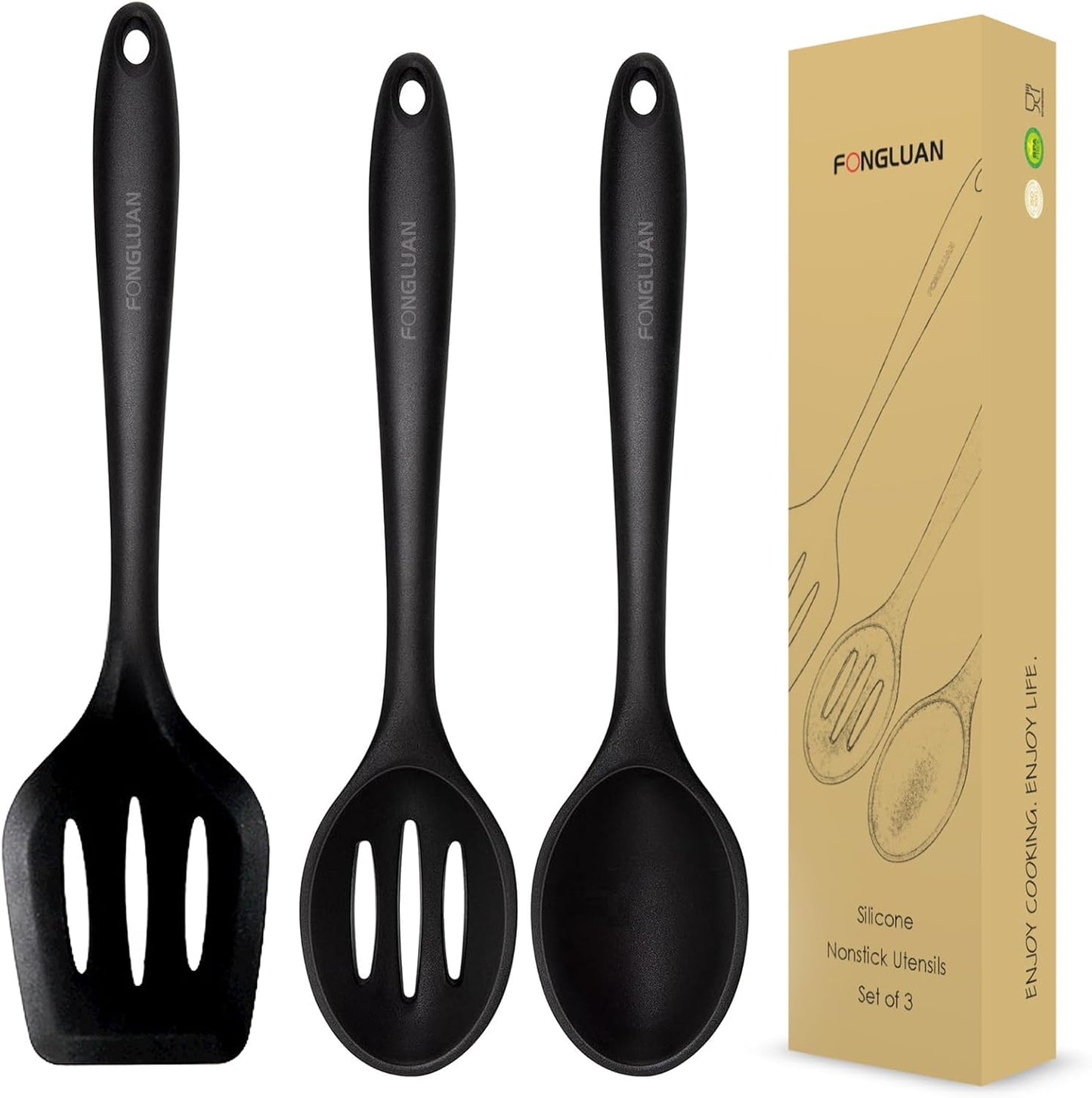 Silicone Nonstick Utensils, Set of 3, Black, Silicone Cooking Utensils Set, Turner/Spatula and Spoons - Heat Resistant, Nonstick Cookware, Dishwasher Safe