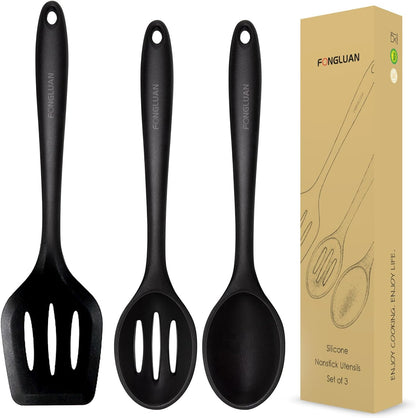 Silicone Nonstick Utensils, Set of 3, Black, Silicone Cooking Utensils Set, Turner/Spatula and Spoons - Heat Resistant, Nonstick Cookware, Dishwasher Safe