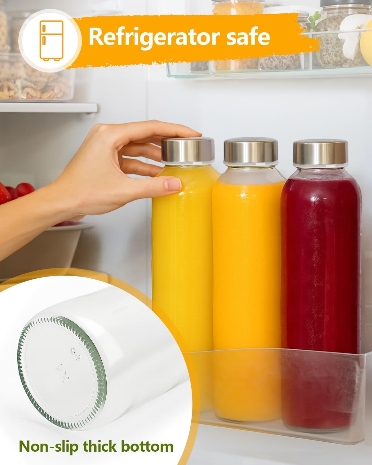 Zukro Glass Juice Bottles with Lids for Juicing 18 oz, Reusable Clear Glass Water Bottles with Stainless Steel Airtight Cap for Refrigerator, 100% Leak Proof Drinking Jar, BPA Free, Set of 6