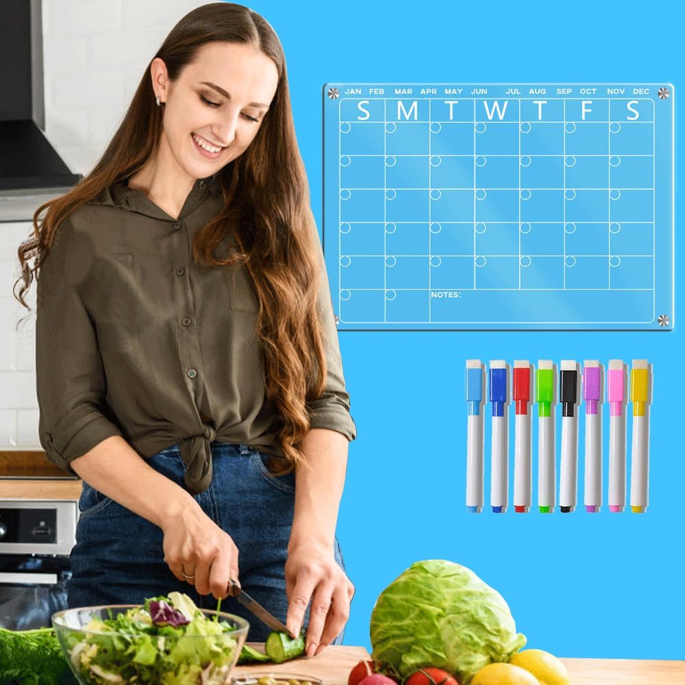 4Pcs Fridge Calendar Set, Clear Magnetic Dry Erase Daily, Weekly, Monthly Planners & Menu Board, w/ 2 Packs of 8 Markers
