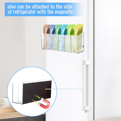 2 Pcs Acrylic Drink Packet Organizer, Mountable Water Drink Packet Holder with Adhesive & Magnetic Sticker, Wall Mount Drink Storage Bins with Removable Divider for Table Refrigerator Cabinets Pantry