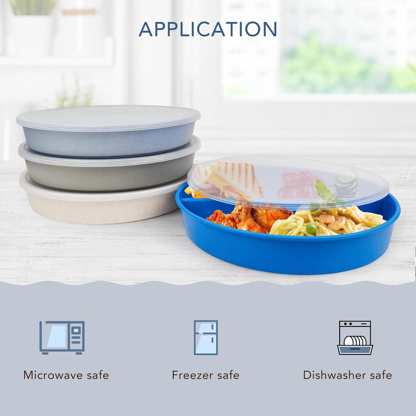 greenandlife 9 Inch 4PCS Portion Control Plates with Lids, Divided Plates for Kids Adults, Dishwasher Microwave Safe Compartment Plate, Unbreakable Lightweight Reusable Wheat Straw Plate, Earth Tone