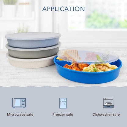 greenandlife 9 Inch 4PCS Portion Control Plates with Lids, Divided Plates for Kids Adults, Dishwasher Microwave Safe Compartment Plate, Unbreakable Lightweight Reusable Wheat Straw Plate, Earth Tone