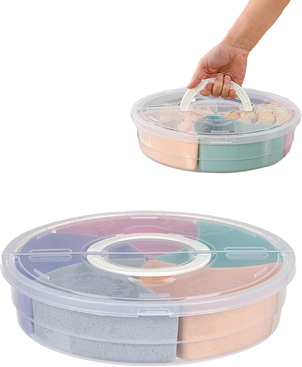Circle Fruit Tray Separable Snacks Bowl Nut Food Candy Picnic Salad Storage Containers Plastic Platter Divided Serving Tray Portable 5 Compartments with Lid