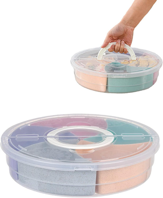 Circle Fruit Tray Separable Snacks Bowl Nut Food Candy Picnic Salad Storage Containers Plastic Platter Divided Serving Tray Portable 5 Compartments with Lid