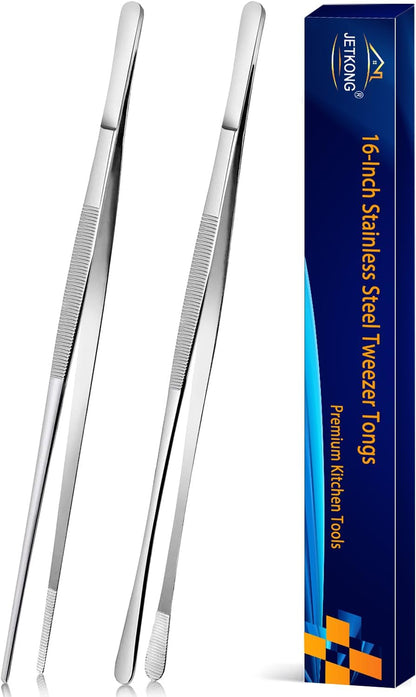 JETKONG 2 Pcs 12-Inch Kitchen Tweezers Tongs with Precision Serrated Tips, Stainless Steel Chef Tweezer Professional Cooking Tweezers for BBQ, Plating and Serving (12-Inch, Black)