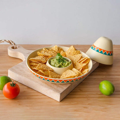 Balvi Mexican Chip and Dip Platter: Hand-painted Ceramic, Tropical Style, Sombrero Pattern, Large Size, Glossy Finish, Reusable, Ideal for Party Appetizers and Snacks
