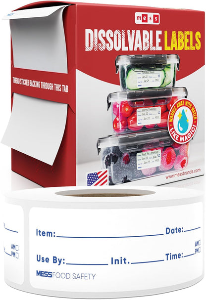 MESS Dissolvable Food Labels, 1x2, 200/Roll - Dissolves in 30 Seconds or Less - Removable Pantry, Meal Prep & Food Storage Labels – Canning & Freezer Use