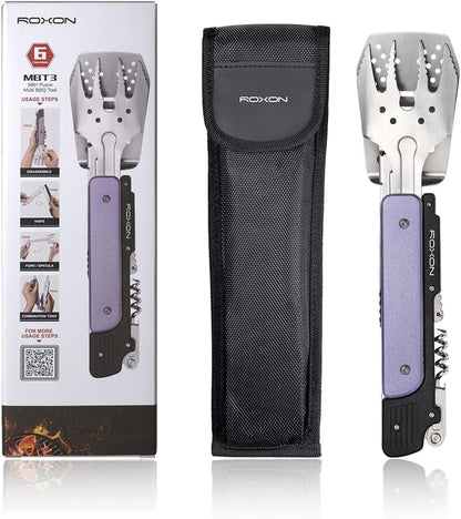 ROXON 6-in-1 Folding Grill Utensils Set, 14" BBQ Tools for Camping S601