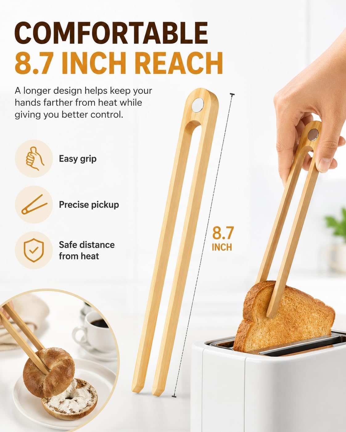 Magnetic Bamboo Toaster Tongs Set of 2, 8.7 Inch Natural Wood Toast Tongs, Eco-Friendly Kitchen Tongs for Toast, Bagels, Waffles, Serving, Space-Saving Kitchen Accessories
